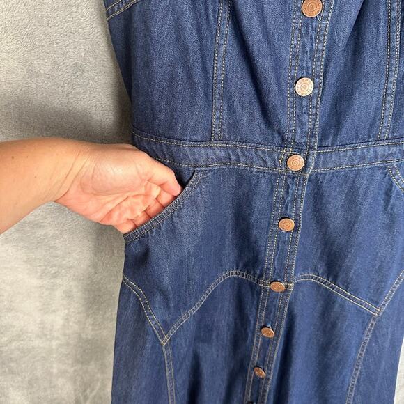 Pilcro Anthropologie Dress Womens Medium Blue Denim Button Midi Sleeveless Boho - Picture 4 of 15